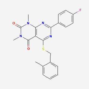 molecular formula C22H19FN4O2S B2420737 7-(4-fluorophenyl)-1,3-dimethyl-5-((2-methylbenzyl)thio)pyrimido[4,5-d]pyrimidine-2,4(1H,3H)-dione CAS No. 852171-01-8