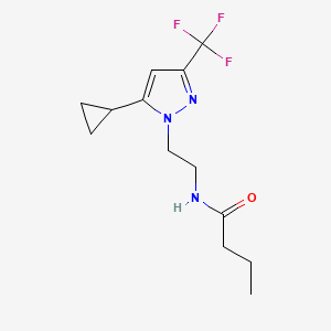 molecular formula C13H18F3N3O B2420742 N-(2-(5-cyclopropyl-3-(trifluoromethyl)-1H-pyrazol-1-yl)ethyl)butyramide CAS No. 1797977-28-6