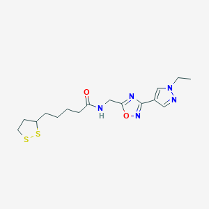 molecular formula C16H23N5O2S2 B2420753 5-(1,2-二硫杂环丙烷-3-基)-N-((3-(1-乙基-1H-吡唑-4-基)-1,2,4-恶二唑-5-基)甲基)戊酰胺 CAS No. 2034229-57-5