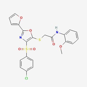 molecular formula C22H17ClN2O6S2 B2420852 2-((4-((4-氯苯基)磺酰基)-2-(呋喃-2-基)恶唑-5-基)硫代)-N-(2-甲氧苯基)乙酰胺 CAS No. 686737-95-1