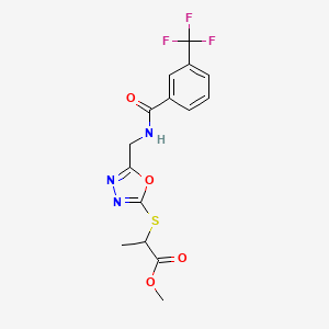 molecular formula C15H14F3N3O4S B2420882 Methyl 2-((5-((3-(trifluoromethyl)benzamido)methyl)-1,3,4-oxadiazol-2-yl)thio)propanoate CAS No. 921131-45-5