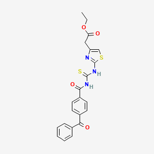 molecular formula C22H19N3O4S2 B2420898 Ethyl 2-(2-(3-(4-benzoylbenzoyl)thioureido)thiazol-4-yl)acetate CAS No. 391896-44-9