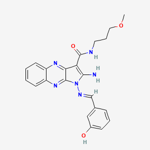 molecular formula C22H22N6O3 B2420914 (E)-2-amino-1-((3-hydroxybenzylidene)amino)-N-(3-methoxypropyl)-1H-pyrrolo[2,3-b]quinoxaline-3-carboxamide CAS No. 836641-26-0