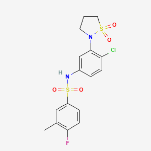 molecular formula C16H16ClFN2O4S2 B2420974 N-(4-chloro-3-(1,1-dioxidoisothiazolidin-2-yl)phenyl)-4-fluoro-3-methylbenzenesulfonamide CAS No. 941944-40-7