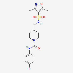 molecular formula C18H23FN4O4S B2421072 4-((3,5-二甲基异恶唑-4-磺酰胺基)甲基)-N-(4-氟苯基)哌啶-1-甲酰胺 CAS No. 1235671-27-8