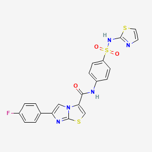 molecular formula C21H14FN5O3S3 B2421086 6-(4-fluorophenyl)-N-(4-(N-(thiazol-2-yl)sulfamoyl)phenyl)imidazo[2,1-b]thiazole-3-carboxamide CAS No. 1049447-08-6