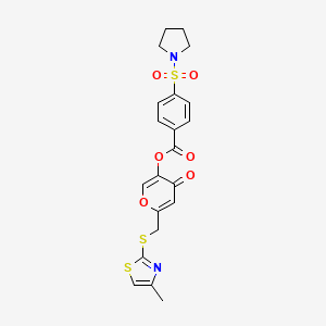 molecular formula C21H20N2O6S3 B2421135 6-(((4-methylthiazol-2-yl)thio)methyl)-4-oxo-4H-pyran-3-yl 4-(pyrrolidin-1-ylsulfonyl)benzoate CAS No. 896306-51-7