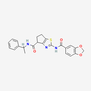 molecular formula C23H21N3O4S B2421229 2-(benzo[d][1,3]dioxole-5-carboxamido)-N-(1-phenylethyl)-5,6-dihydro-4H-cyclopenta[d]thiazole-4-carboxamide CAS No. 955759-42-9