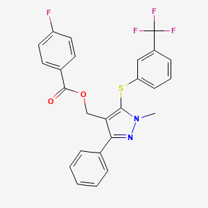 molecular formula C25H18F4N2O2S B2421247 (1-methyl-3-phenyl-5-{[3-(trifluoromethyl)phenyl]sulfanyl}-1H-pyrazol-4-yl)methyl 4-fluorobenzenecarboxylate CAS No. 318497-68-6