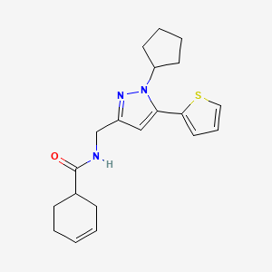 molecular formula C20H25N3OS B2421281 N-((1-cyclopentyl-5-(thiophen-2-yl)-1H-pyrazol-3-yl)methyl)cyclohex-3-enecarboxamide CAS No. 1421505-73-8