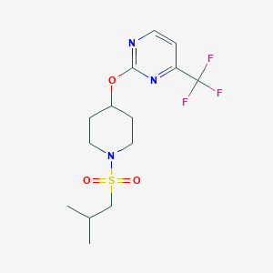 molecular formula C14H20F3N3O3S B2421315 2-[1-(2-Methylpropylsulfonyl)piperidin-4-yl]oxy-4-(trifluoromethyl)pyrimidine CAS No. 2380097-15-2