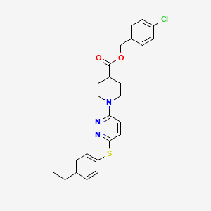 molecular formula C26H28ClN3O2S B2421319 4-Chlorobenzyl 1-(6-((4-isopropylphenyl)thio)pyridazin-3-yl)piperidine-4-carboxylate CAS No. 1031990-38-1
