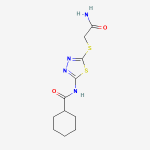 molecular formula C11H16N4O2S2 B2421333 N-[5-(2-amino-2-oxoethyl)sulfanyl-1,3,4-thiadiazol-2-yl]cyclohexanecarboxamide CAS No. 868972-80-9