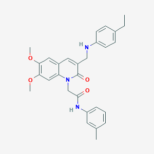 molecular formula C29H31N3O4 B2421374 2-(3-(((4-ethylphenyl)amino)methyl)-6,7-dimethoxy-2-oxoquinolin-1(2H)-yl)-N-(m-tolyl)acetamide CAS No. 894556-96-8