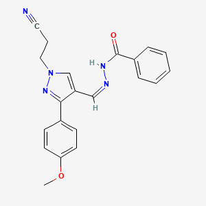 molecular formula C21H19N5O2 B2421386 (Z)-N'-((1-(2-cyanoethyl)-3-(4-methoxyphenyl)-1H-pyrazol-4-yl)methylene)benzohydrazide CAS No. 1321996-58-0