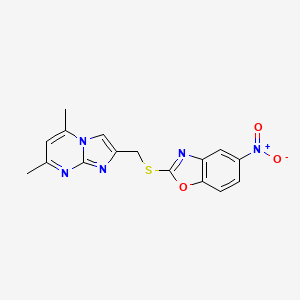 molecular formula C16H13N5O3S B2421413 2-(((5,7-Dimethylimidazo[1,2-a]pyrimidin-2-yl)methyl)thio)-5-nitrobenzo[d]oxazole CAS No. 683784-46-5