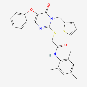 2-{[4-oxo-3-(thiophen-2-ylmethyl)-3,4-dihydro[1]benzofuro[3,2-d]pyrimidin-2-yl]sulfanyl}-N-(2,4,6-trimethylphenyl)acetamide