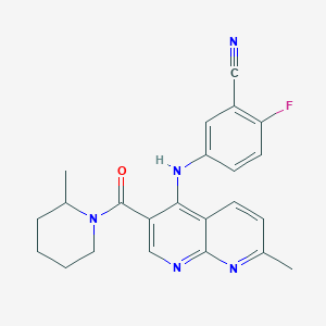 molecular formula C23H22FN5O B2421591 2-Fluoro-5-((7-methyl-3-(2-methylpiperidine-1-carbonyl)-1,8-naphthyridin-4-yl)amino)benzonitrile CAS No. 1251633-66-5