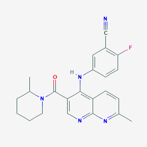 molecular formula C23H22FN5O B2421591 2-Fluoro-5-{[7-methyl-3-(2-methylpiperidine-1-carbonyl)-1,8-naphthyridin-4-yl]amino}benzonitrile CAS No. 1251633-66-5