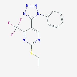 molecular formula C14H11F3N6S B242168 2-(ethylsulfanyl)-5-(1-phenyl-1H-tetraazol-5-yl)-4-(trifluoromethyl)pyrimidine 