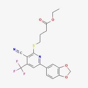 molecular formula C20H17F3N2O4S B2421687 4-[6-(1,3-苯二氧杂环-5-基)-3-氰基-4-(三氟甲基)吡啶-2-基]硫代丁酸乙酯 CAS No. 625376-95-6