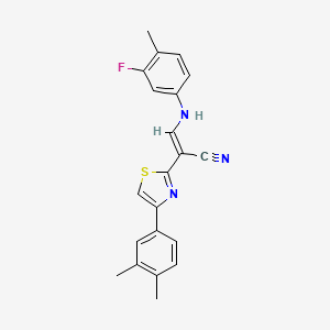 molecular formula C21H18FN3S B2421700 (E)-2-(4-(3,4-二甲苯基)噻唑-2-基)-3-((3-氟-4-甲苯基)氨基)丙烯腈 CAS No. 477297-64-6