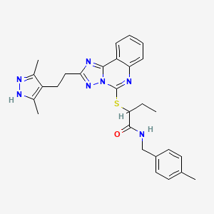 molecular formula C28H31N7OS B2421851 2-({2-[2-(3,5-dimethyl-1H-pyrazol-4-yl)ethyl]-[1,2,4]triazolo[1,5-c]quinazolin-5-yl}sulfanyl)-N-[(4-methylphenyl)methyl]butanamide CAS No. 896699-64-2