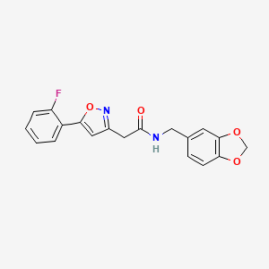 molecular formula C19H15FN2O4 B2421878 N-(benzo[d][1,3]dioxol-5-ylmethyl)-2-(5-(2-fluorophenyl)isoxazol-3-yl)acetamide CAS No. 1105216-68-9