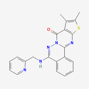 molecular formula C21H17N5OS B2421908 13,14-Dimethyl-8-{[(pyridin-2-yl)methyl]amino}-15-thia-9,10,17-triazatetracyclo[8.7.0.0^{2,7}.0^{12,16}]heptadeca-1(17),2(7),3,5,8,12(16),13-heptaen-11-one CAS No. 496025-23-1