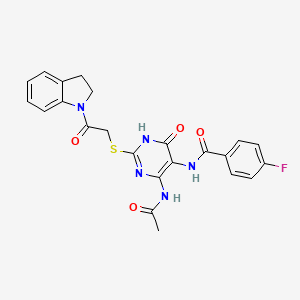 N-(4-acetamido-2-((2-(indolin-1-yl)-2-oxoethyl)thio)-6-oxo-1,6-dihydropyrimidin-5-yl)-4-fluorobenzamide
