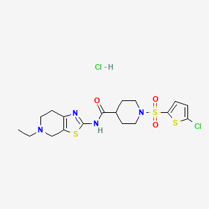 molecular formula C18H24Cl2N4O3S3 B2421951 1-((5-氯噻吩-2-基)磺酰基)-N-(5-乙基-4,5,6,7-四氢噻唑并[5,4-c]吡啶-2-基)哌啶-4-甲酰胺盐酸盐 CAS No. 1329926-05-7