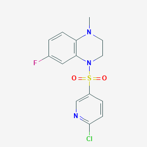 molecular formula C14H13ClFN3O2S B2421962 4-[(6-Chloropyridin-3-yl)sulfonyl]-6-fluoro-1-methyl-1,2,3,4-tetrahydroquinoxaline CAS No. 1394689-59-8
