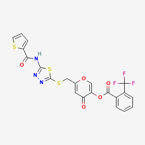 molecular formula C21H12F3N3O5S3 B2422040 4-oxo-6-(((5-(thiophene-2-carboxamido)-1,3,4-thiadiazol-2-yl)thio)methyl)-4H-pyran-3-yl 2-(trifluoromethyl)benzoate CAS No. 877643-41-9