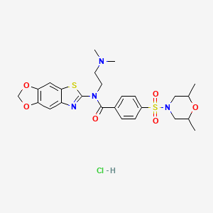 molecular formula C25H31ClN4O6S2 B2422044 N-([1,3]dioxolo[4',5':4,5]benzo[1,2-d]thiazol-6-yl)-N-(2-(dimethylamino)ethyl)-4-((2,6-dimethylmorpholino)sulfonyl)benzamide hydrochloride CAS No. 1321828-73-2