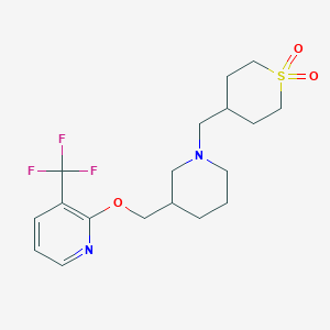 molecular formula C18H25F3N2O3S B2422056 4-[[3-[[3-(Trifluoromethyl)pyridin-2-yl]oxymethyl]piperidin-1-yl]methyl]thiane 1,1-dioxide CAS No. 2379984-40-2