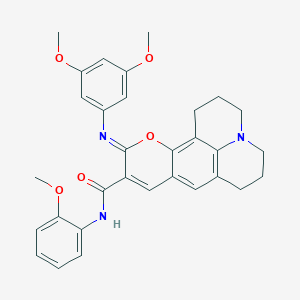 (4Z)-4-[(3,5-dimethoxyphenyl)imino]-N-(2-methoxyphenyl)-3-oxa-13-azatetracyclo[7.7.1.0^{2,7}.0^{13,17}]heptadeca-1,5,7,9(17)-tetraene-5-carboxamide