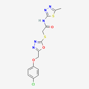 molecular formula C14H12ClN5O3S2 B2422144 2-((5-((4-chlorophenoxy)methyl)-1,3,4-oxadiazol-2-yl)thio)-N-(5-methyl-1,3,4-thiadiazol-2-yl)acetamide CAS No. 86716-28-1