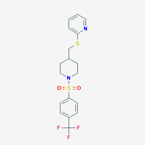 molecular formula C18H19F3N2O2S2 B2422169 2-(((1-((4-(Trifluoromethyl)phenyl)sulfonyl)piperidin-4-yl)methyl)thio)pyridine CAS No. 1421458-04-9
