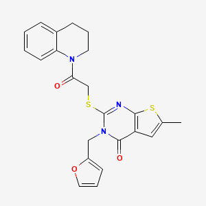 molecular formula C23H21N3O3S2 B2422327 3-[(furan-2-yl)methyl]-6-methyl-2-{[2-oxo-2-(1,2,3,4-tetrahydroquinolin-1-yl)ethyl]sulfanyl}-3H,4H-thieno[2,3-d]pyrimidin-4-one CAS No. 717831-39-5