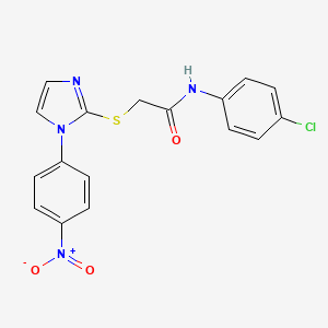 molecular formula C17H13ClN4O3S B2422338 N-(4-chlorophenyl)-2-((1-(4-nitrophenyl)-1H-imidazol-2-yl)thio)acetamide CAS No. 851079-64-6