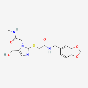 molecular formula C17H20N4O5S B2422352 N-(苯并[d][1,3]二氧杂环-5-基甲基)-2-((5-(羟甲基)-1-(2-(甲基氨基)-2-氧代乙基)-1H-咪唑-2-基)硫代)乙酰胺 CAS No. 921865-87-4