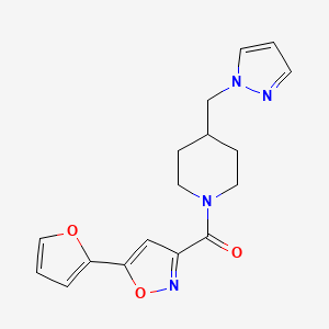molecular formula C17H18N4O3 B2422361 (4-((1H-pyrazol-1-yl)methyl)piperidin-1-yl)(5-(furan-2-yl)isoxazol-3-yl)methanone CAS No. 1286698-22-3