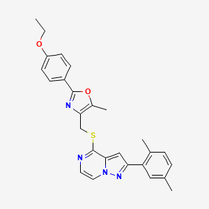 molecular formula C27H26N4O2S B2422404 2-(2,5-Dimethylphenyl)-4-({[2-(4-ethoxyphenyl)-5-methyl-1,3-oxazol-4-yl]methyl}thio)pyrazolo[1,5-a]pyrazine CAS No. 1207031-18-2