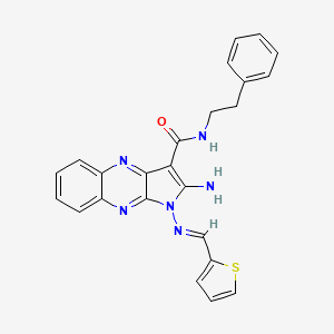 B2422526 (E)-2-amino-N-phenethyl-1-((thiophen-2-ylmethylene)amino)-1H-pyrrolo[2,3-b]quinoxaline-3-carboxamide CAS No. 839702-44-2
