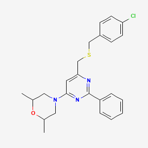 molecular formula C24H26ClN3OS B2422614 4-[6-[(4-氯苯基)甲基硫代甲基]-2-苯基嘧啶-4-基]-2,6-二甲基吗啉 CAS No. 866038-76-8