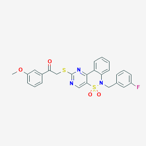 molecular formula C26H20FN3O4S2 B2422718 2-{[6-(3-fluorobenzyl)-5,5-dioxido-6H-pyrimido[5,4-c][2,1]benzothiazin-2-yl]thio}-1-(3-methoxyphenyl)ethanone CAS No. 932313-80-9