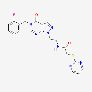 molecular formula C20H18FN7O2S B2422803 N-(2-(5-(2-fluorobenzyl)-4-oxo-4,5-dihydro-1H-pyrazolo[3,4-d]pyrimidin-1-yl)ethyl)-2-(pyrimidin-2-ylthio)acetamide CAS No. 1170362-58-9