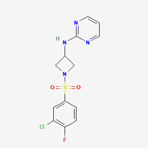 molecular formula C13H12ClFN4O2S B2422937 N-(1-((3-chloro-4-fluorophenyl)sulfonyl)azetidin-3-yl)pyrimidin-2-amine CAS No. 2034607-82-2