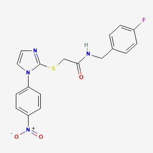 molecular formula C18H15FN4O3S B2423000 N-(4-fluorobenzyl)-2-((1-(4-nitrophenyl)-1H-imidazol-2-yl)thio)acetamide CAS No. 851079-72-6