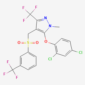 molecular formula C19H12Cl2F6N2O3S B2423076 5-(2,4-Dichlorophenoxy)-1-methyl-3-(trifluoromethyl)-4-[[3-(trifluoromethyl)phenyl]sulfonylmethyl]pyrazole CAS No. 318959-29-4